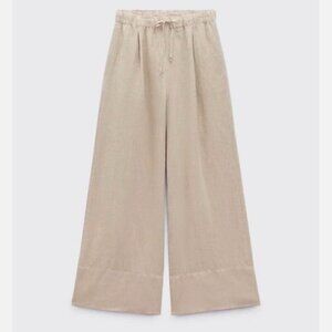 ZARA LINEN NEUTRAL PALAZZO WIDE LEG ELASTIC DRAWSTRING BEIGE POCKET PANTS SIZE M